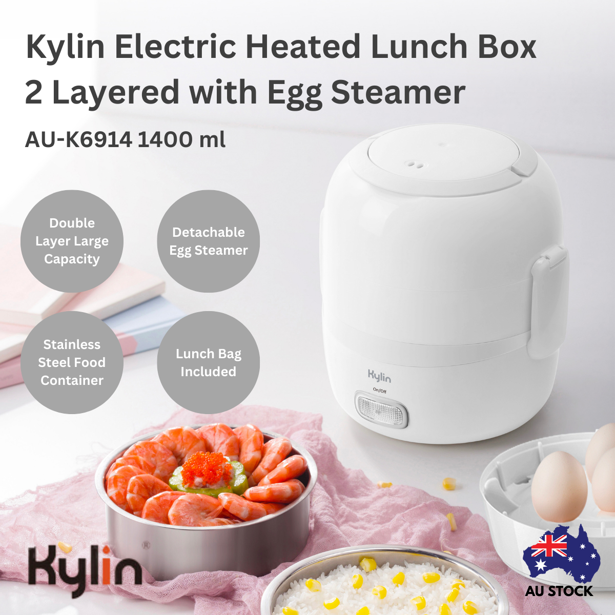 Kylin Electric Heated Lunch Box 2 Layered with Egg Steamer AU-K6914
