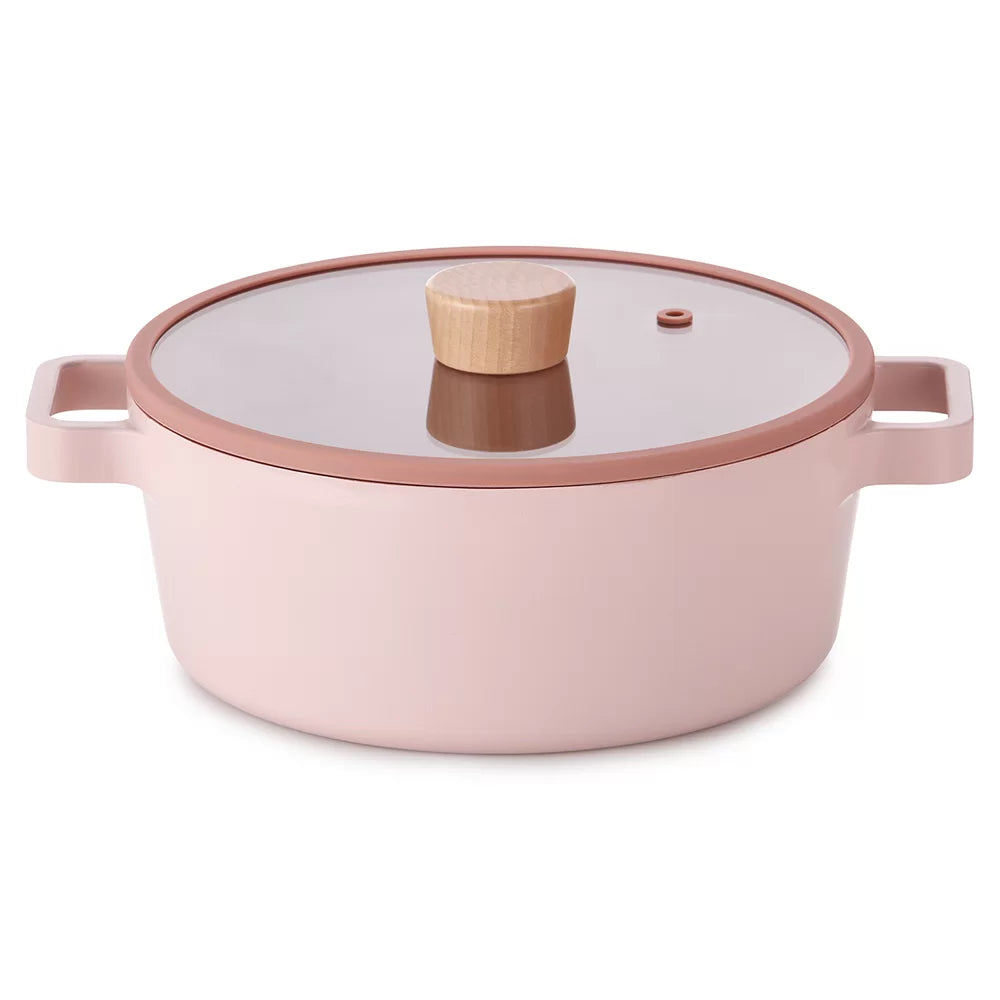 Neoflam Fika 22cm Stockpot Induction with silicone rim glass lid (Pink)