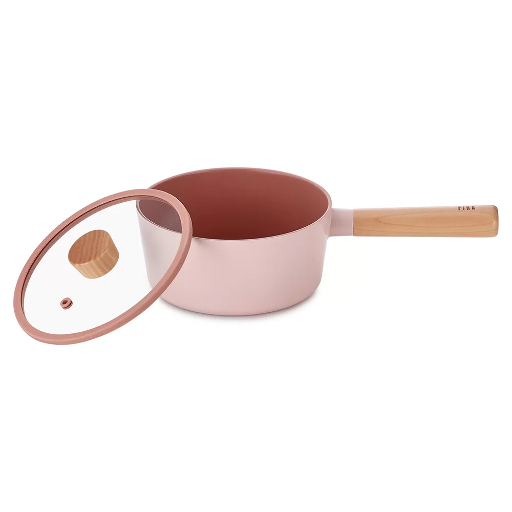 Neoflam Fika 18cm Saucepan Induction with Glass Lid and Silicon Rim (Pink)