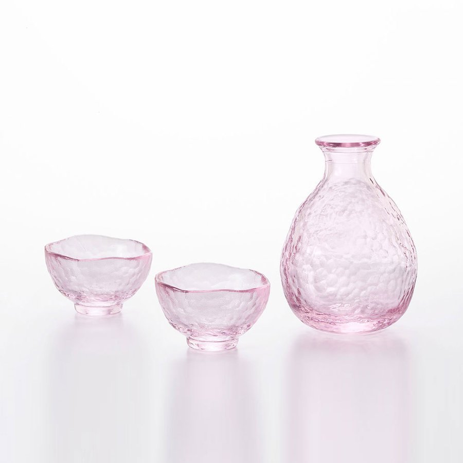 ADERIA Hand-Made Glass, Cherry Blossoms, Sake Set, Three-Piece (Gift Box)